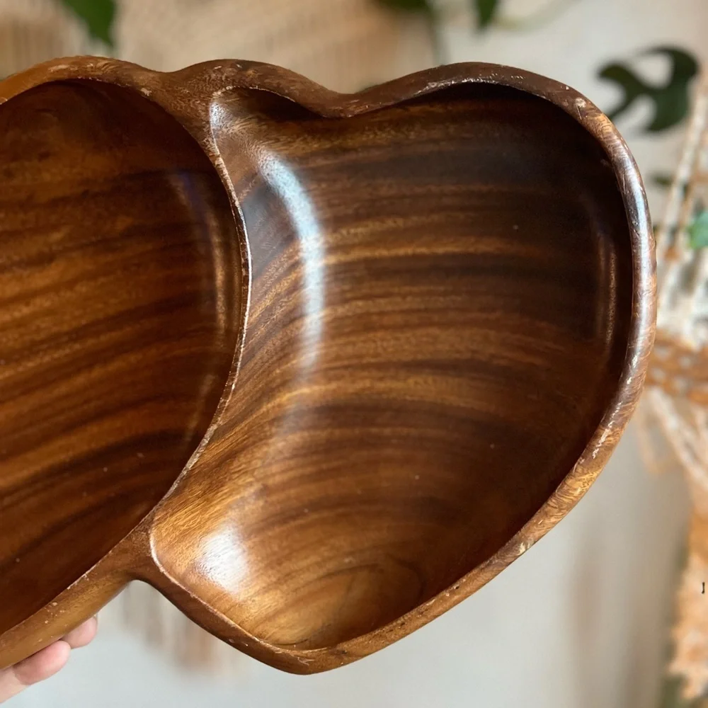 Vintage Monkeypod Double Heart Bowl Hand-Carved Wood Serving Tray MCM Dish Boho